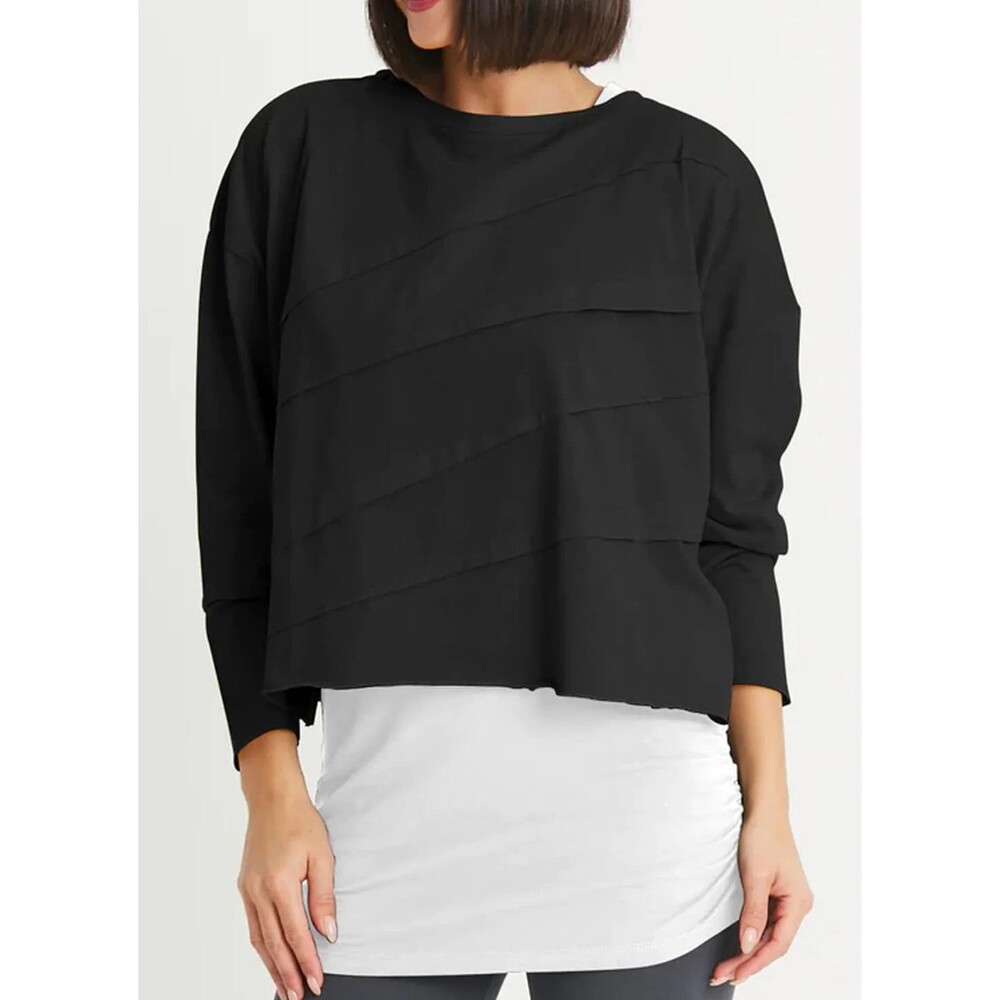 Planet By Lauren G Mini Tucked Tee Shirt One Size Black Pima Cotton Diagonal